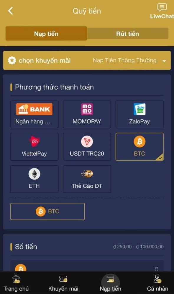 Chọn phương thức nạp tiền BTC trong danh sách