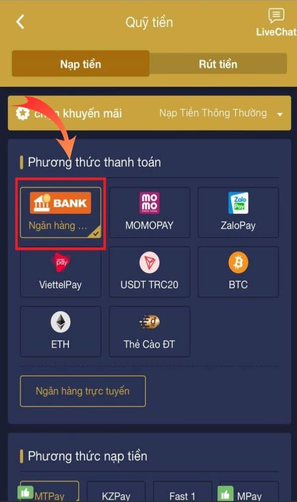 Chọn phương thức nạp tiền ngân hàng trực tuyến