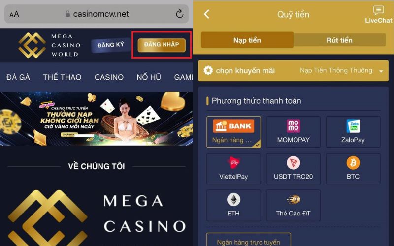 Đăng nhập vào trang game MCW và nạp tiền vào tài khoản