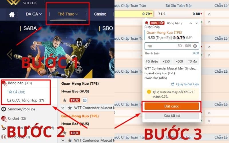 Các bước đặt cược bóng bàn MCW